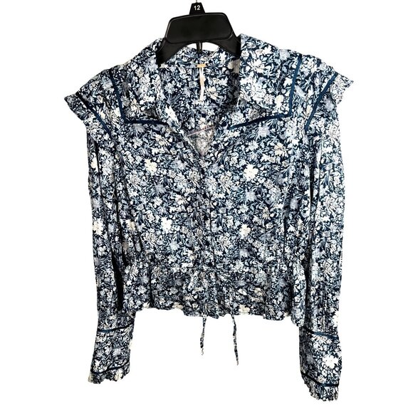 Free People Printed Daybreak Chambray Combo Blouse Floral Ruffled Cotton Small - Picture 4 of 14